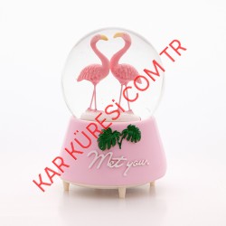 Palmiyeli Pembe Flamingo Sevgililer | Kar Küresi